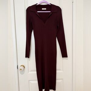 Aritzia Babaton Contour Polo Long Sleeve Dress Bodycon Mini Burgundy Large